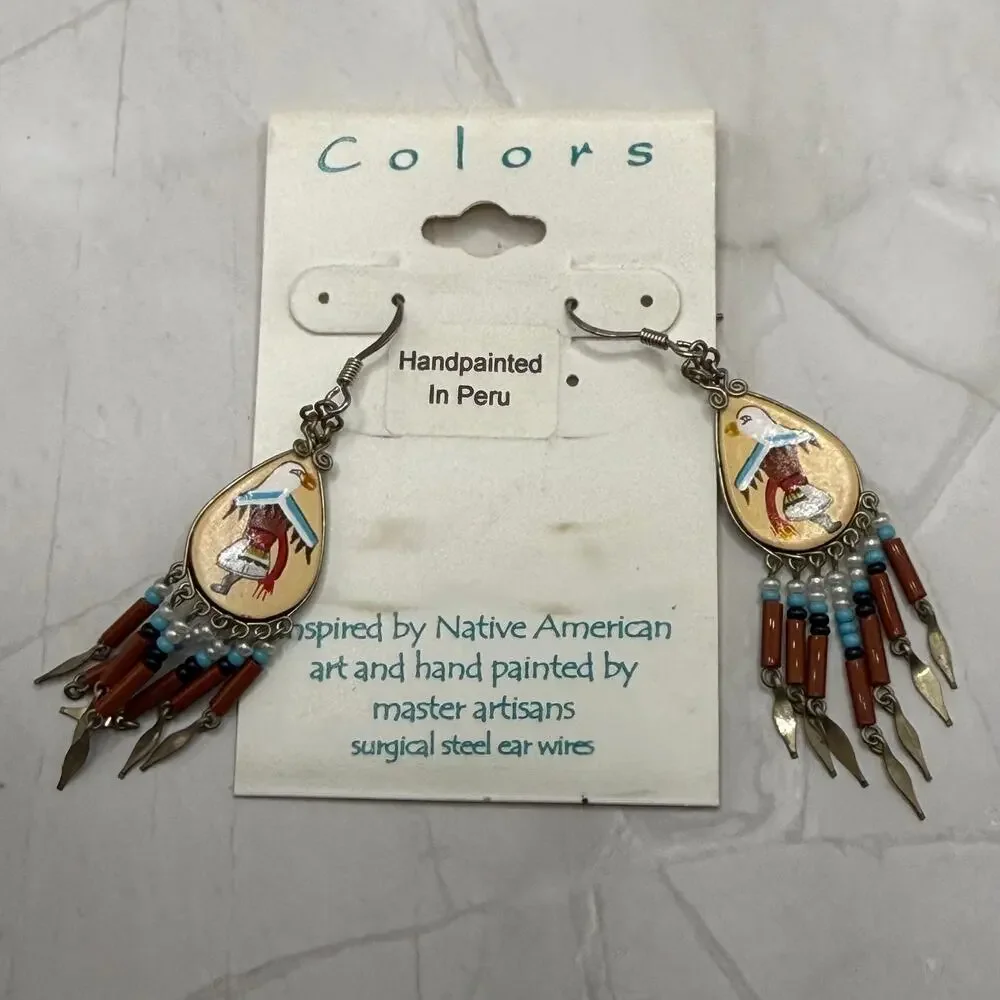 Colors Peru Hand Painted Eagle Dancer Style Beaded Earrings NWT